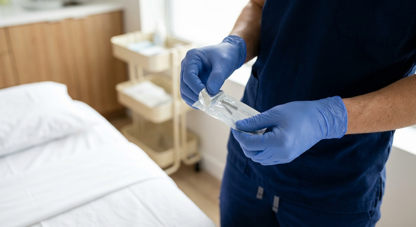Acupuncturist opening sterile single-use needle package in professional treatment room