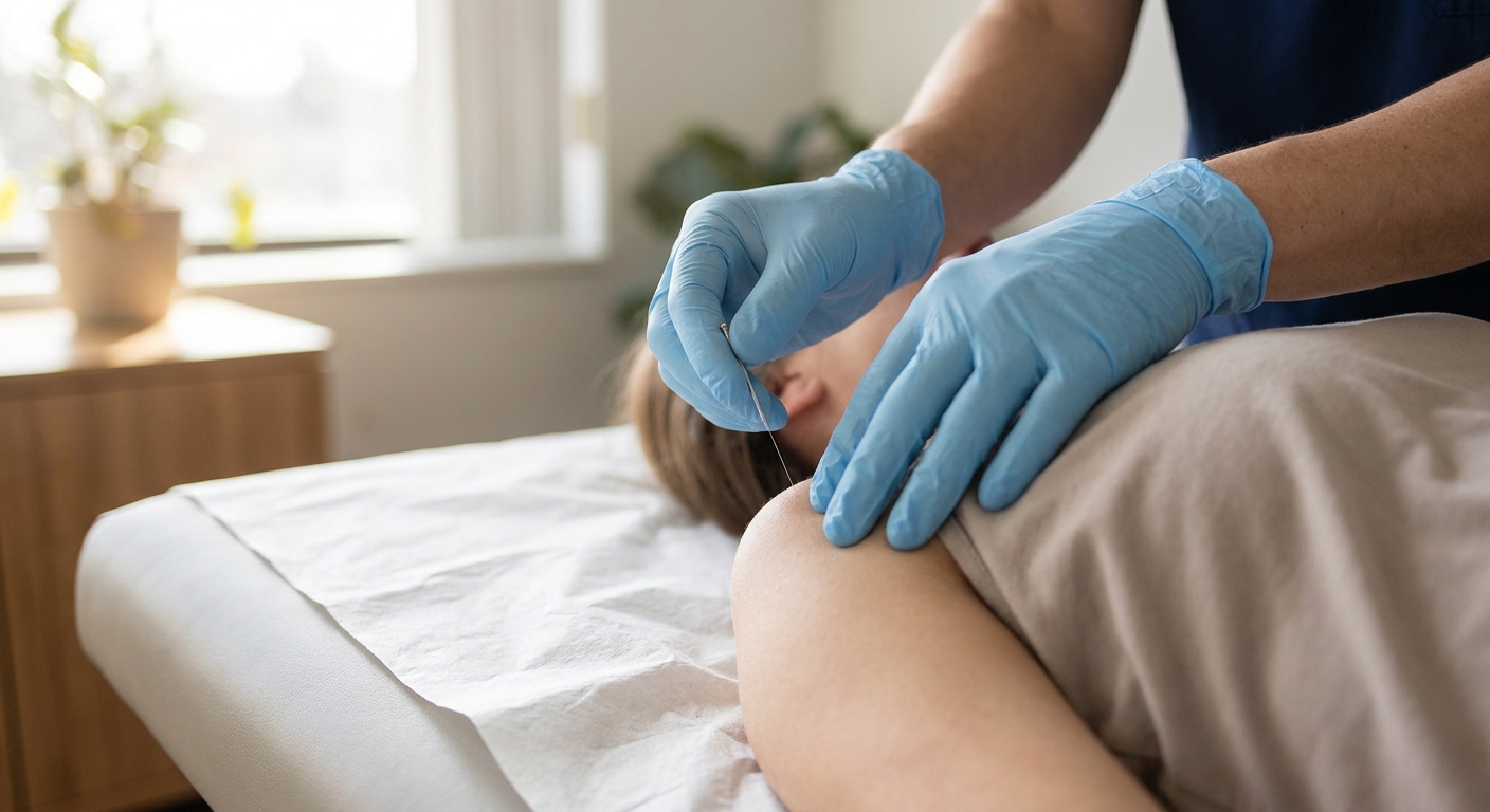 Acupuncturist's hands carefully placing sterile acupuncture needle during treatment session in professional clinical setting