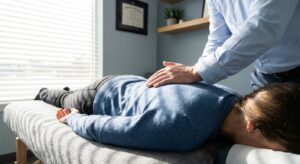 Chiropractor performing spinal adjustment on patient's mid-back in treatment room at Lucas Chiropractic