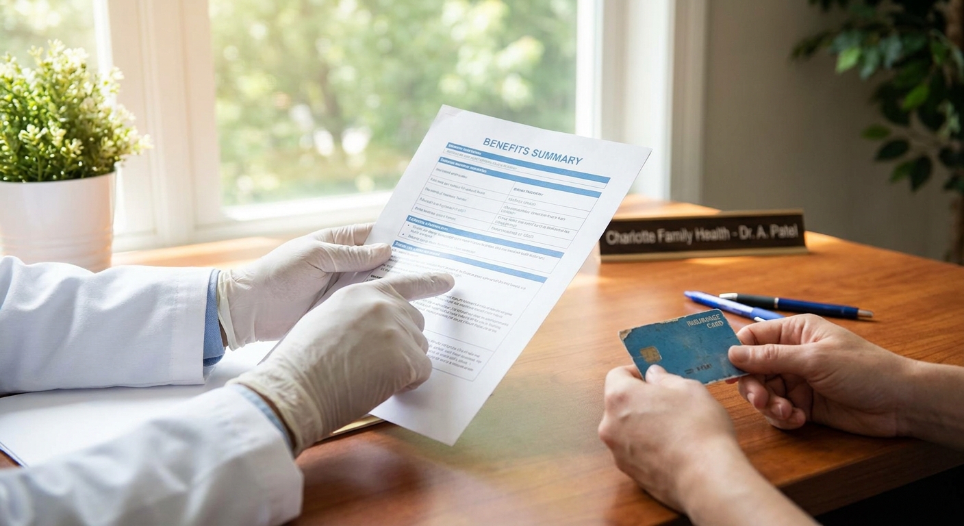 Healthcare provider reviewing patient insurance card and benefits documentation at desk in Charlotte chiropractic office